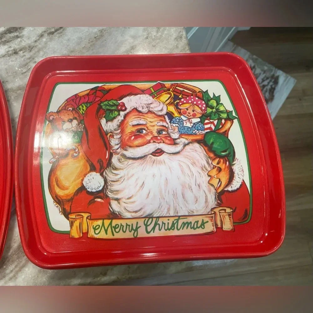 Two Vintage Santa Claus Merry Christmas 11x13” Plastic Serving Trays